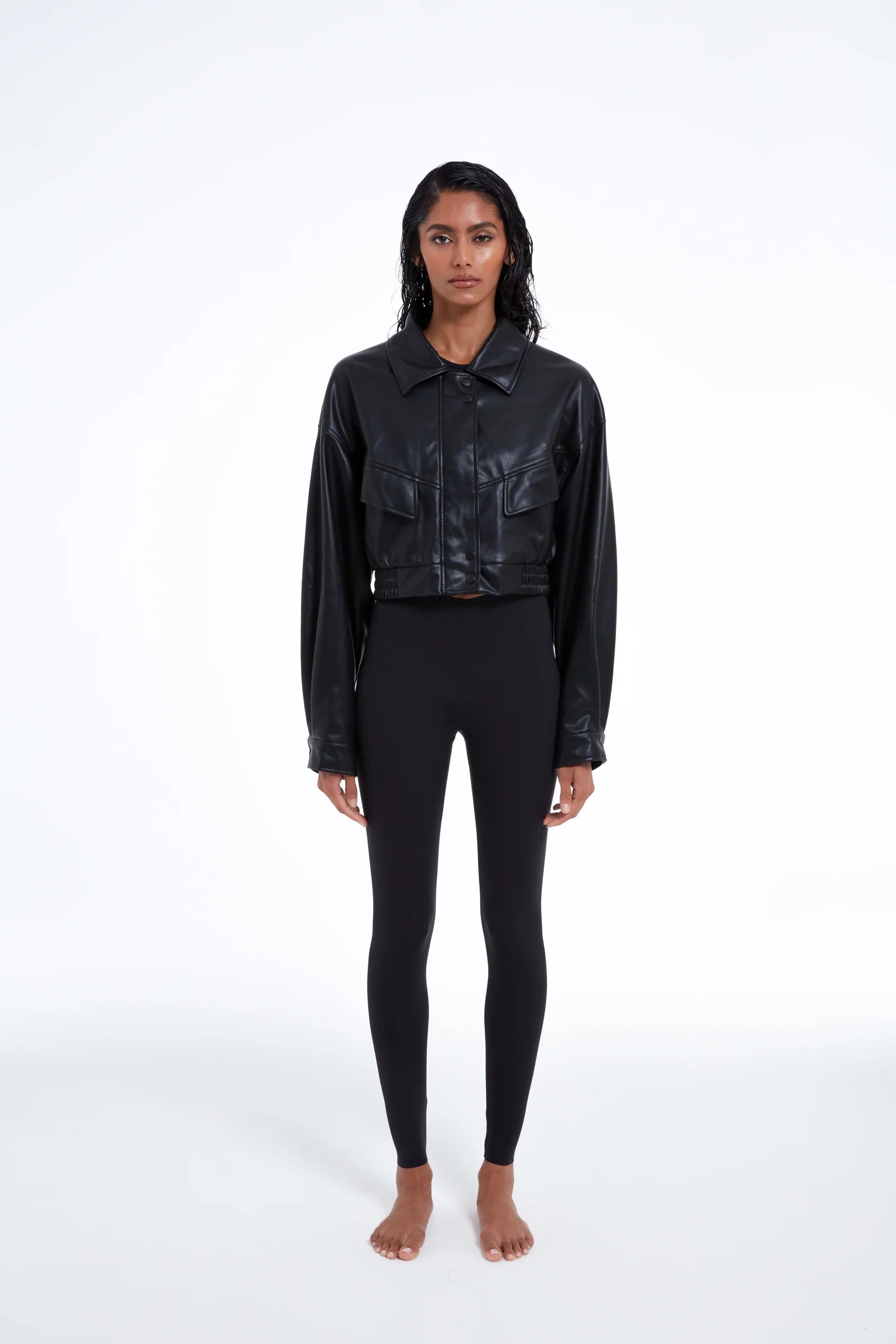 TSM Cropped Bomber Jacket in Ink Black – women’s outerwear with zipper and buttoned seam