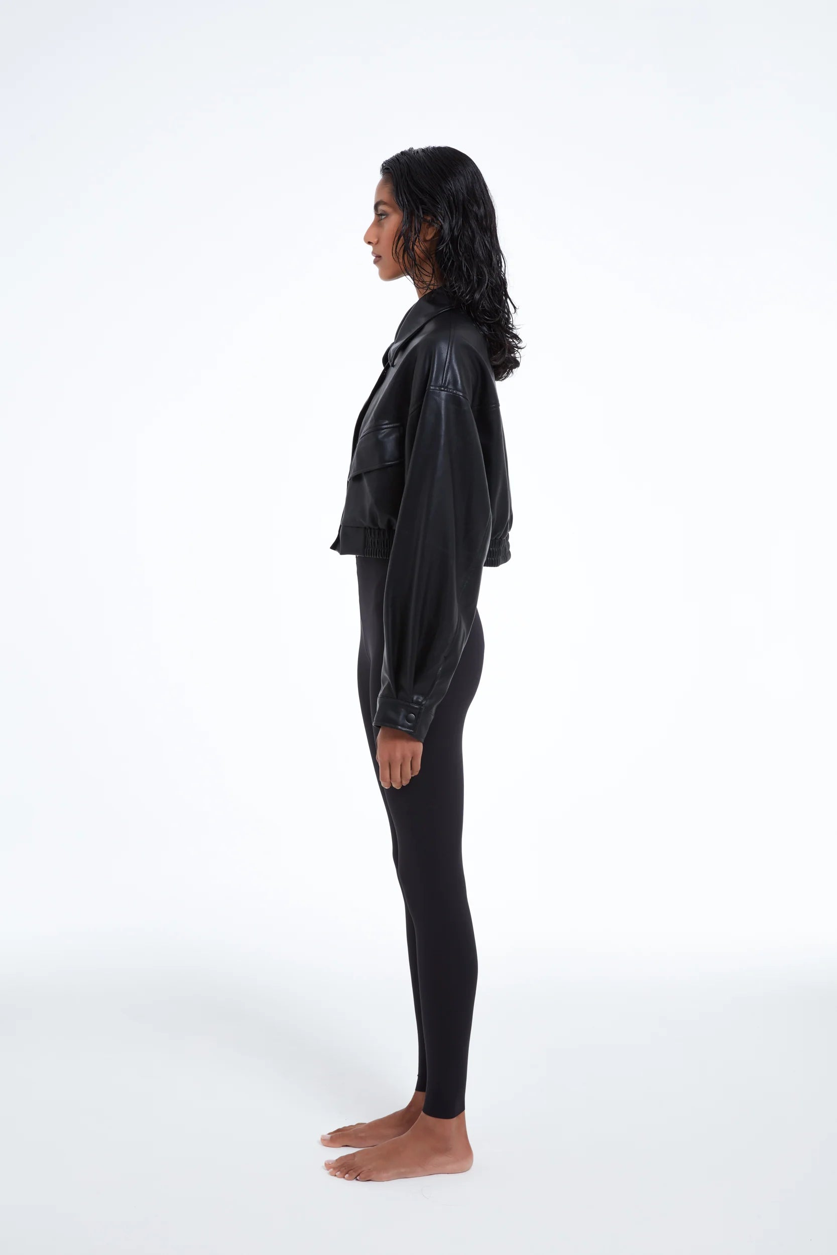 TSM Cropped Bomber Jacket in Ink Black – women’s outerwear with zipper and buttoned seam