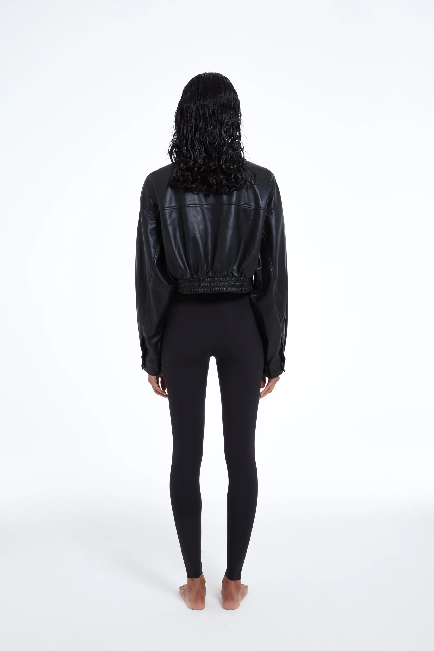 TSM Cropped Bomber Jacket in Ink Black – women’s outerwear with zipper and buttoned seam