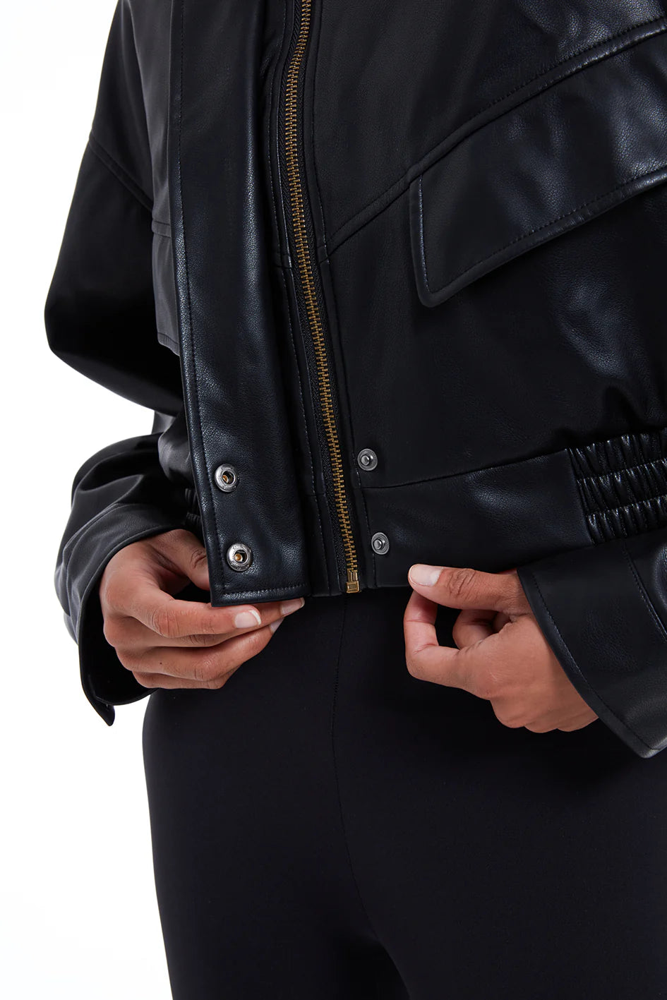 TSM Cropped Bomber Jacket in Ink Black – women’s outerwear with zipper and buttoned seam