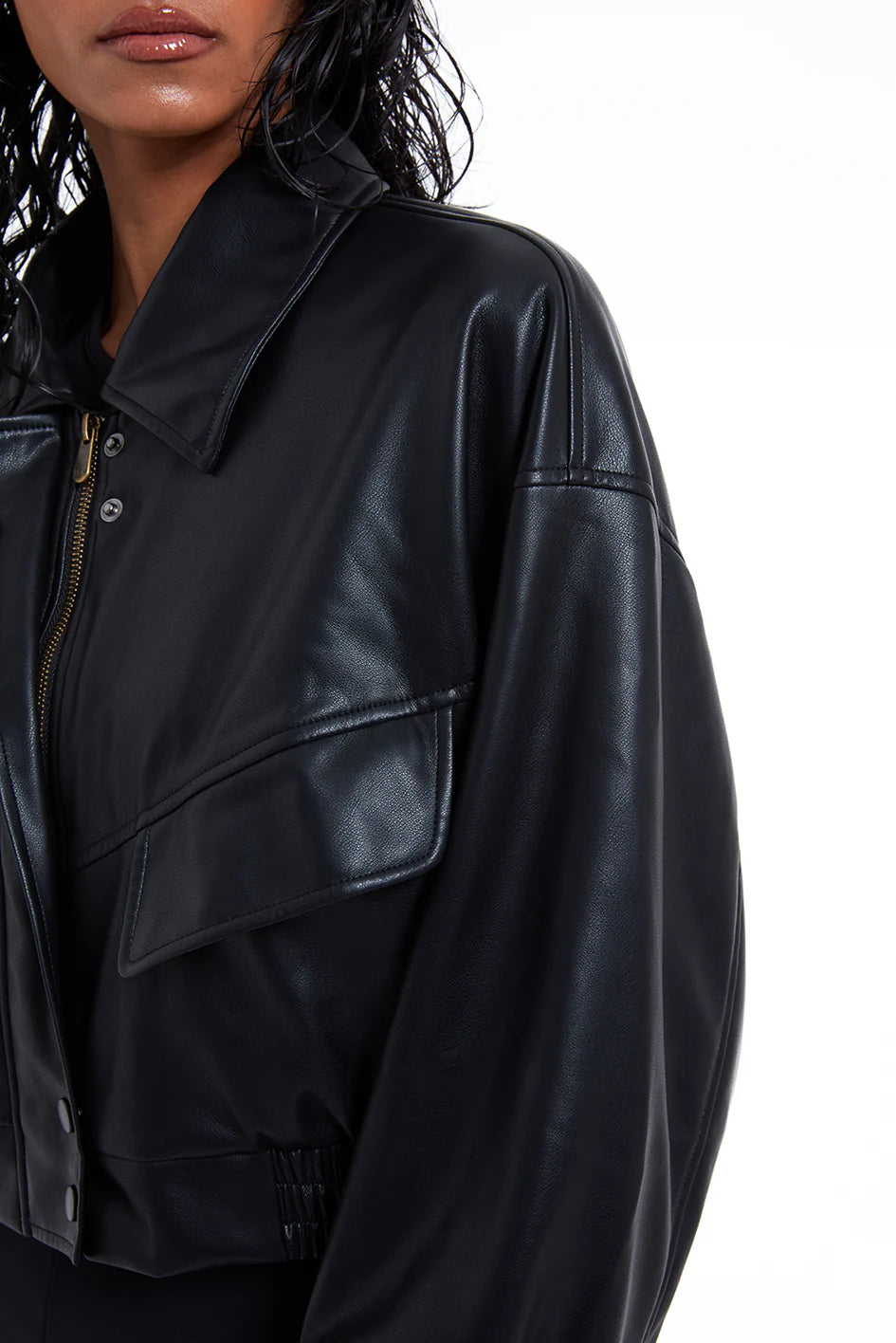 TSM Cropped Bomber Jacket in Ink Black – women’s outerwear with zipper and buttoned seam