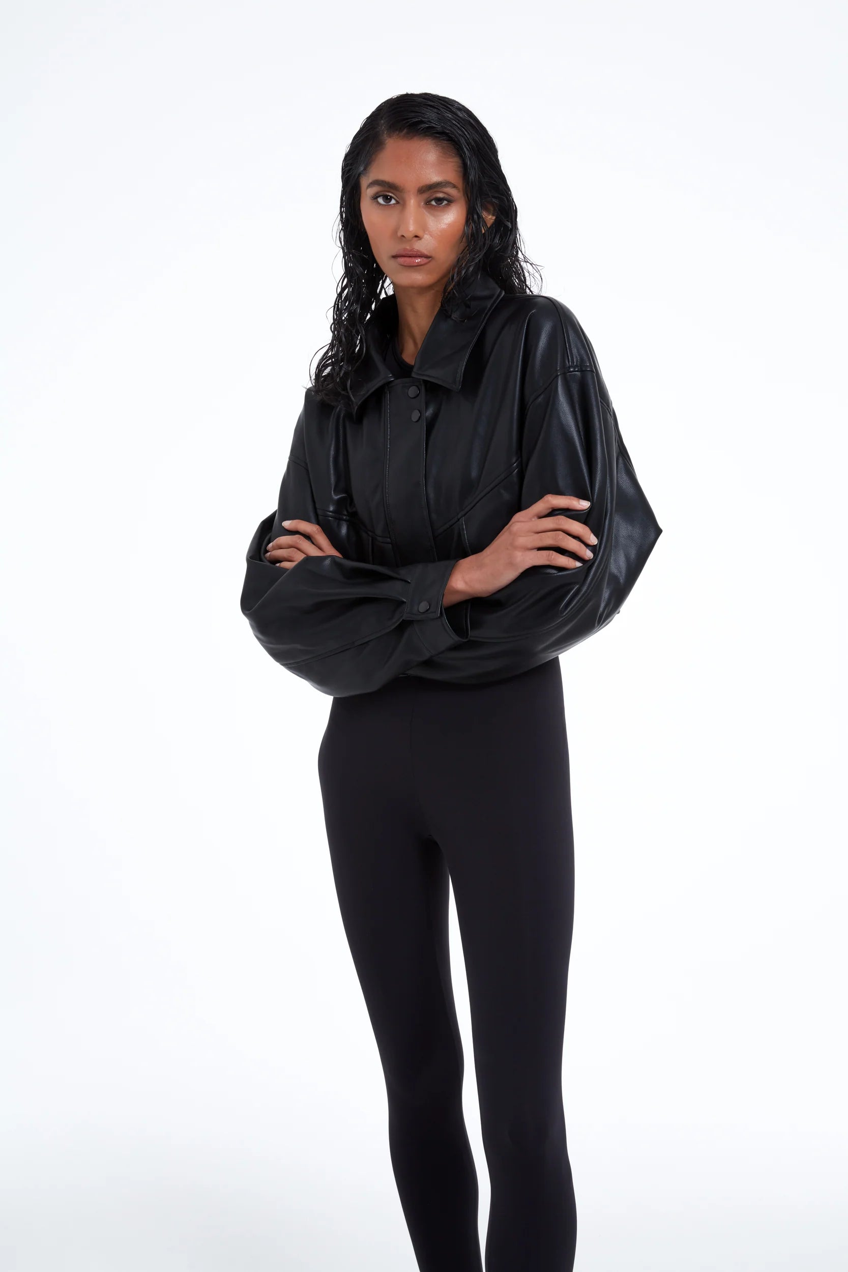 TSM Cropped Bomber Jacket in Ink Black – women’s outerwear with zipper and buttoned seam